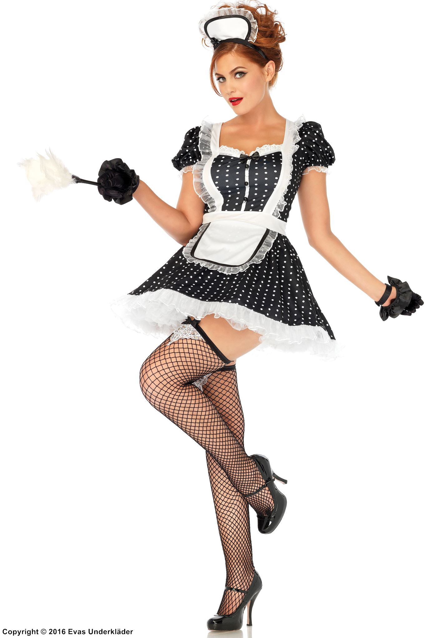 French maid, costume dress, ruffles, puff sleeves, polka dot.